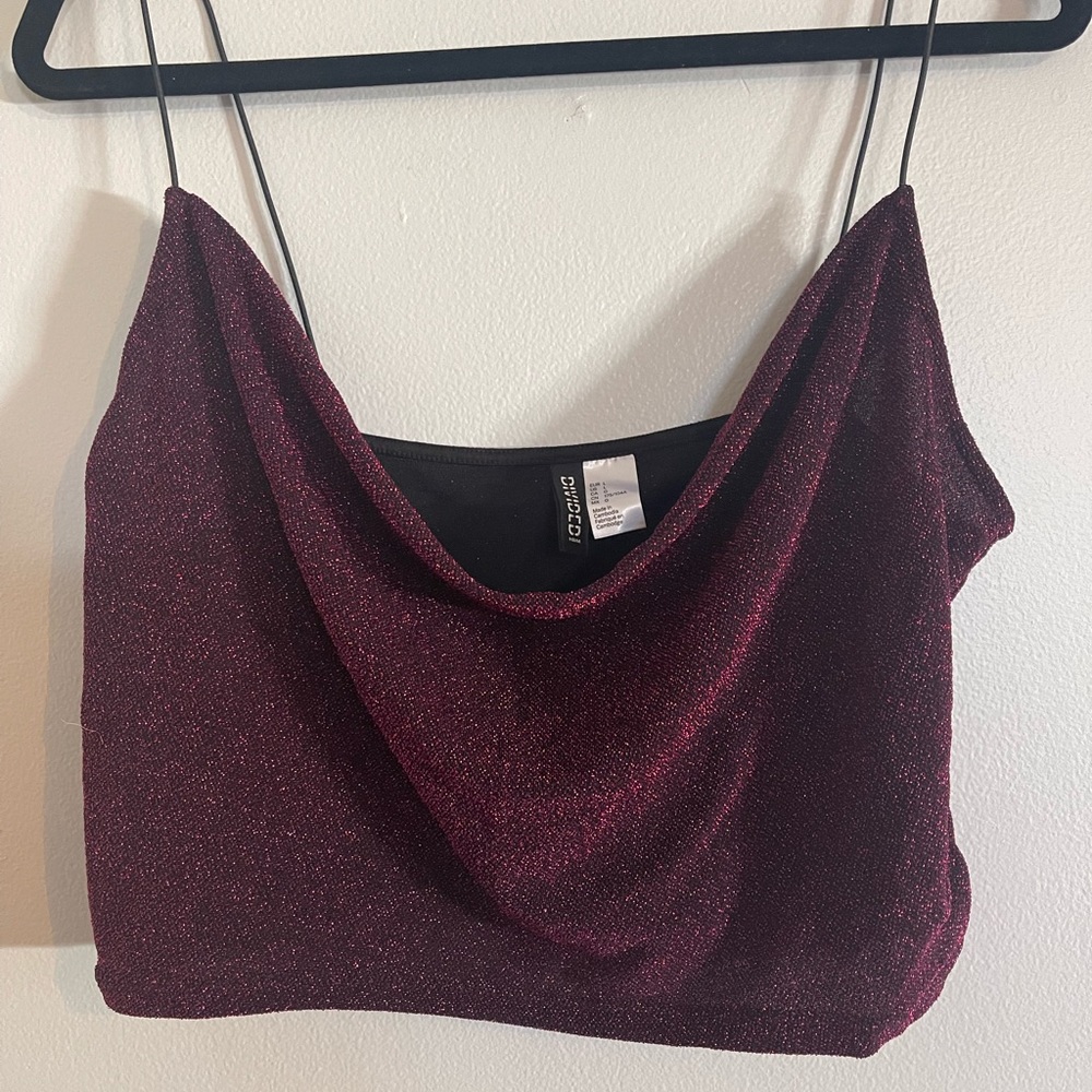 Pink and black sparkly cropped tank top with scoop neck, Size:L